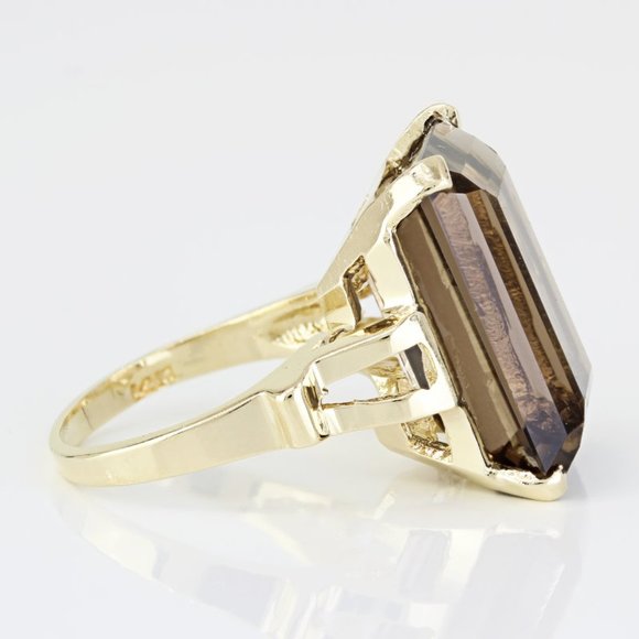 Vintage 14K Yellow Gold Emerald-Cut Smoky Quartz Cocktail Ring by Carnegie - Picture 3 of 7